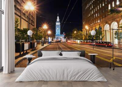 Looking down Market Street to the Ferry Building in San Francisco with long exposure Wall mural