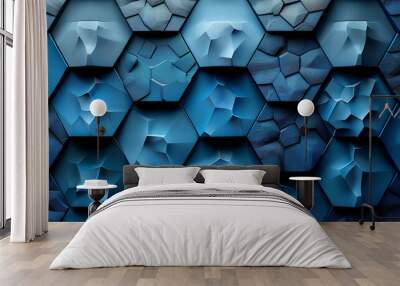 minimalistic abstract backdrop with a tessellation of hexagons, fading from cobalt to sky blue.  Wall mural