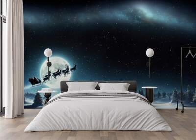 Santa and his sleigh on a crisp winter night sky, with a luminous full moon casting its light over a serene snow-covered landscape. Wall mural