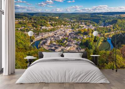 High angle view on the Village of Bouillon and the surrounding Semois river in the Luxembourg Province and Ardennes Region of Wallonia Belgium Wall mural