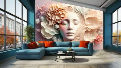 Generative ai 3d woman abstract floral background, paper cut art, botanical pattern. Wall mural