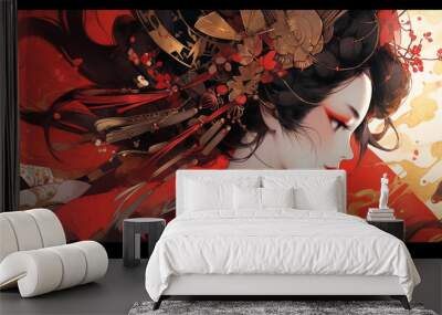 Generative ai. Geisha in kimono with umbrella spring flowers Wall mural