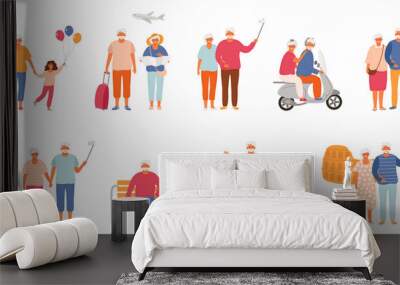 Set of active lifestyle seniors. Elderly people characters. Old people spend time with their grandchildren, traveling the world, walk in the park and on a motor scooter. Wall mural