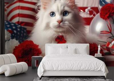 A white cat with blue eyes and red and white flowers image photo photo photo card design illustrator. Wall mural