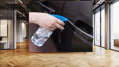 Asian women disinfect and clean the handle of car door Wall mural