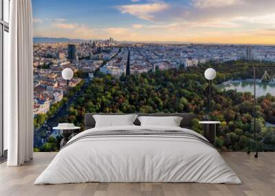 Aerial panoramic view of Parque El Retiro in Madrid, Spain at a golden hour sunrise Wall mural