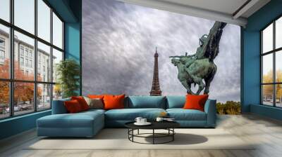 The France Reborn (La France Renaissante) Statue on the Bir Hakeim Bridge in Paris, France, with Eiffel Tower in the background on a cloudy afternoon Wall mural