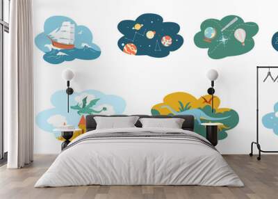 Children dreams scenes in clouds flat color vector icon set Wall mural