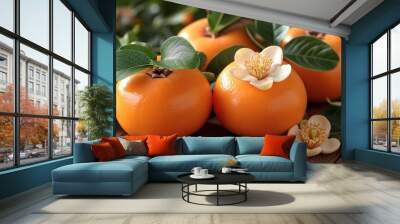 persimmon closeup on wooden background Wall mural