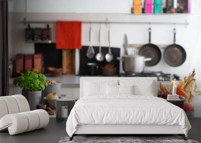 Closeup on table with vegetables in kitchen Wall mural