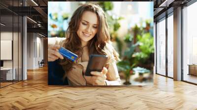 woman in sunny day making online shopping on e-commerce website Wall mural