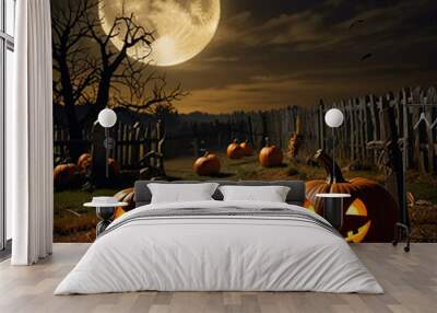 Halloween scene with dark pumpkin bats and full moon in the background Wall mural