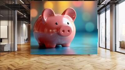 A pink piggy bank with a blurred background, financial and saving concept. Wall mural