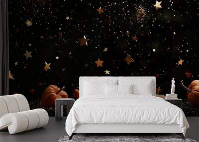 A magical interplay of pumpkins and stars creating an inviting and festive pattern against black Wall mural