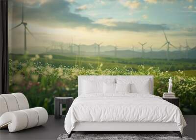 A serene landscape with wind turbines in the background. Wall mural