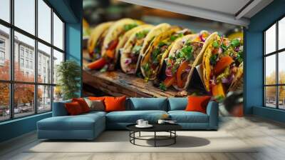 Colorful array of fresh tacos on a rustic wooden board. Wall mural