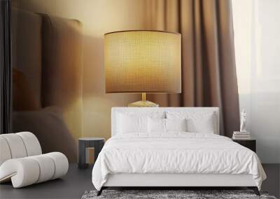 lemp A close-up shot of an elegant table lamp with textured glass and brass accents, placed on the sleek white surface of a Scandinavian-inspired nightstand in stylish bedroom decor. Wall mural