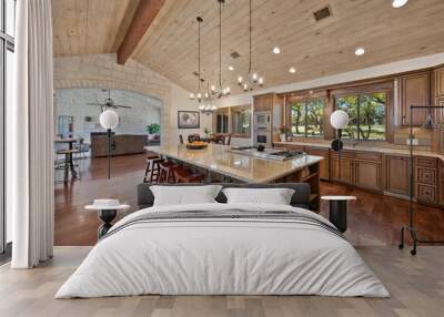 a farmhouse kitchen with wood floors and accents Wall mural