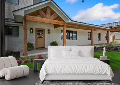 a white brick house with wood beams Wall mural