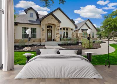 a white home with a green lawn  Wall mural