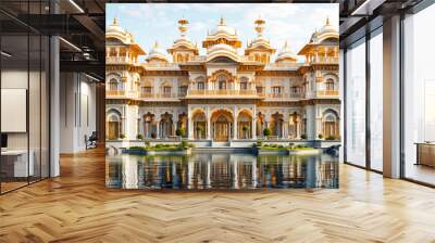 Lavish royal palace in India with ornate gold details and a large pool surrounded by lush green trees, Mughal architecture Wall mural