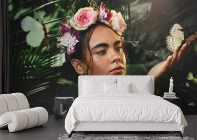 Beauty, flowers and butterfly with a model woman in studio on a forest or amazon background for wellness. Nature, spring and luxury with an attractive young female posing to promote natural care Wall mural