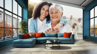 Mother, grandmother and hug portrait outdoor with family, care and parent love with a smile. Happiness, retirement and mom with elderly woman together on a happy vacation with a senior grandma Wall mural