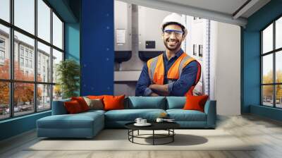 Portrait, happy man and engineering technician in control room, inspection service or industry maintenance. Electrician, arms crossed and smile in electrical substation, system or industrial mechanic Wall mural