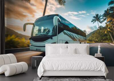 Tourist bus seen travelling through scenic street. Lush green trees. Travel concept. Wall mural