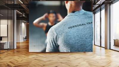 A trainer can make your exercise program a lot more effective. Closeup shot of a personal trainer assisting a client in a gym. Wall mural