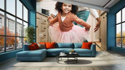 Child tutu, parent ballet dance and portrait of girl and father together bonding with dancing in the kitchen. Home, kid and dad with love and care in a house playing a dancer game for children fun Wall mural