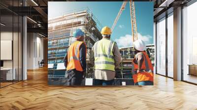 Creating thriving communities one building at a time. Shot of a group of builders assessing progress at a construction site. Wall mural