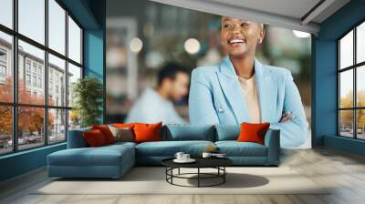 Happy, smile and arms crossed with black woman in office for leadership, management and development. Vision, inspiration and mission with female employee for growth, motivation and empowerment Wall mural