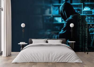 Anonymous hacker stealing data.Online security, data protection, cyber crime, concept. Wall mural