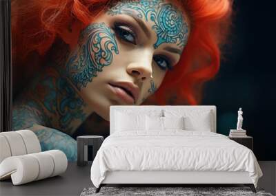 Close-up portrait of attractive tattooed model. Alternative beauty concept. Wall mural