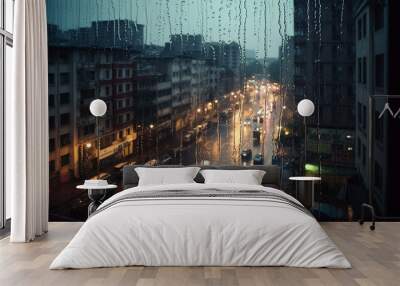 Rain, window and water drops from city building view. Ai generated glass and storm in urban street Wall mural