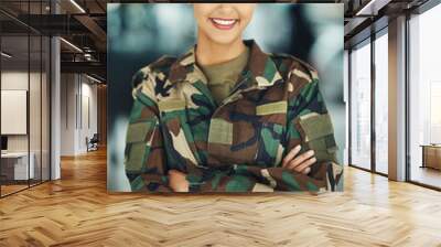 Portrait, military and woman with arms crossed, smile and war with protection, confident and power. Person, security and lady warrior proud, hero and ready for army, service or training for combat Wall mural