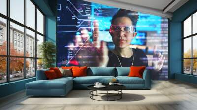 Woman with cybersecurity, hologram button and glasses with vr, futuristic technology and location privacy. Data protection overlay, iot dashboard and research programmer with virtual reality goggles. Wall mural