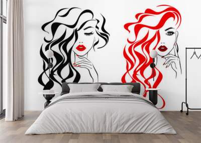 Beautiful sexy face, red lips, hand with red manicure nails, fashion woman, element design, nails studio, curly hairstyle, hair salon sign, icon. Beauty Logo. Vector illustration. Hand drawing style. Wall mural