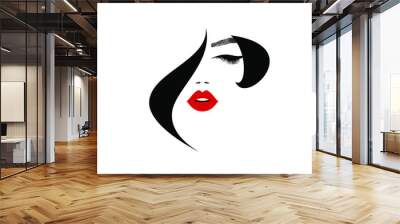 Beauty logo, beautiful woman face, sexy red lips, eyelash extensions, fashion woman, curly hairstyle, hair salon sign, icon. Wallpaper background. Vector illustration. Wall mural