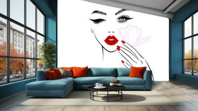 Red lips, hand with red manicure nails. Beauty Logo, nails art, eyelash extension. Vector illustration, diadem flowers, floral motive, abstract flowers, spa salon, sign, symbol, nails studio. Wall mural