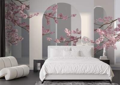 japanese style architect and sakura tree with podium white background. 3d rendering for presentation branding, product, cosmetic and illustration. Wall mural