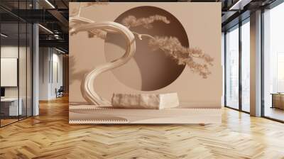 japanese style minimal abstract cosmetic background. nature light podium and bonsai tree with brown background for product presentation. 3d rendering illustration. Wall mural