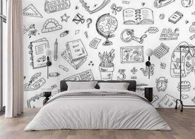 Back to school. Seamless pattern of school supplies. Black White Hand Drawn Doodles illustration Wall mural