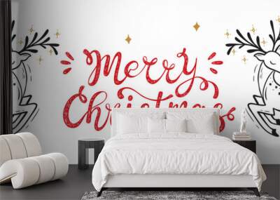 Merry Christmas greeting card. Happy Holidays. Vector winter holiday background with hand lettering calligraphic and Christmas reindeer. Deer Wall mural