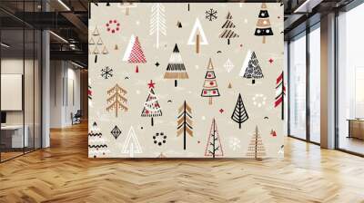 Seamless Christmas Pattern with Christmas Trees. Winter Fairy Forest. Doodle Fir Tree Vector Background for Winter Holidays, Christmas and New Year Design Wall mural