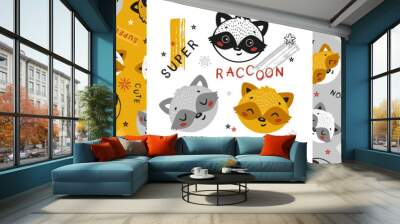 Set of Cute Super Raccoons Seamless Patterns and Poster. Childish Background with Little raccoon Heads. Vector Baby Funny Animals Drawing for Tee Print for Kids. Yellow, Gray, Black and White Colors Wall mural