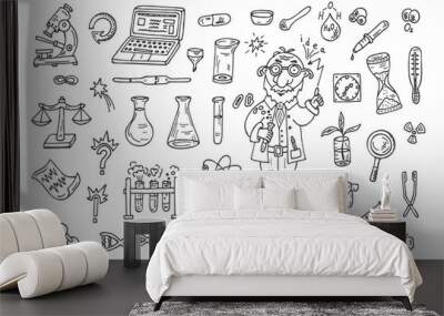 Set of science symbols and funny scientist or professor. Hand Drawn Doodles illustration Wall mural