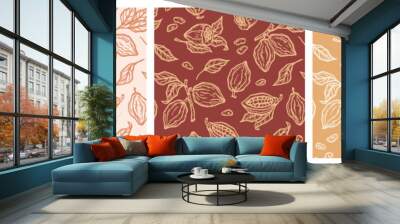 Set of Three Seamless Floral Patterns with Cacao Pods. Outline Cocoa Beans and Leaves. Tropical Fruits. Great for Packaging design of Chocolate or cocoa powder. Vector illustration Wall mural