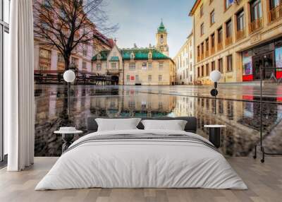 Bratislava, Slovakia - walk in the old city of Bratislava, view of the city.View on the Old town hall in reflection Wall mural